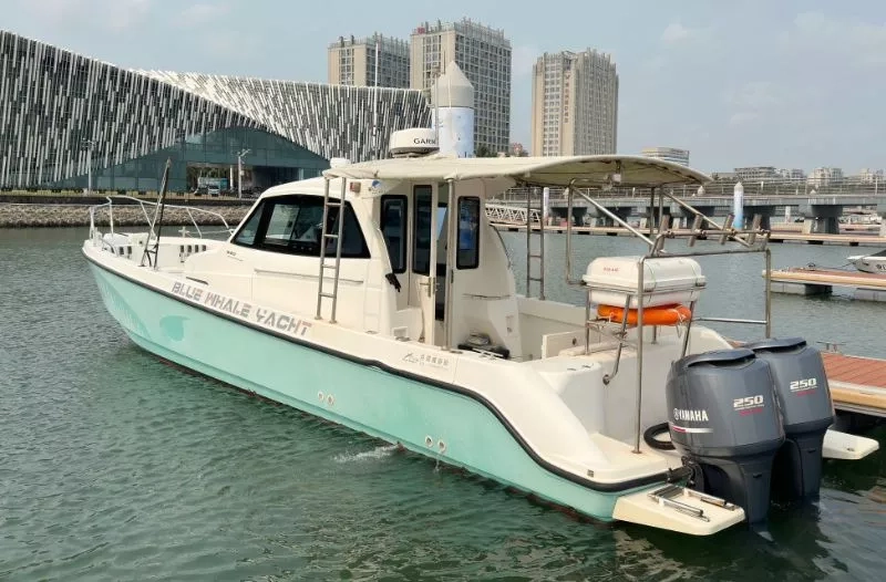 A3747 百璐威39呎专业钓鱼艇出让2019年完工交付 艇长：11.69米 艇宽：2.96米，日本YAMAHA250HP发动机两台，意大利帕古罗3.5KW发电机一台，最高航速可达33节现发动机使用100多个小时百璐威39高配版 带空调底舱布局有床铺和洗手间，过道是40CM宽 高配有侧推，通导设备齐全 目前机电设备正常使用，CCS三类证书可全国过户！