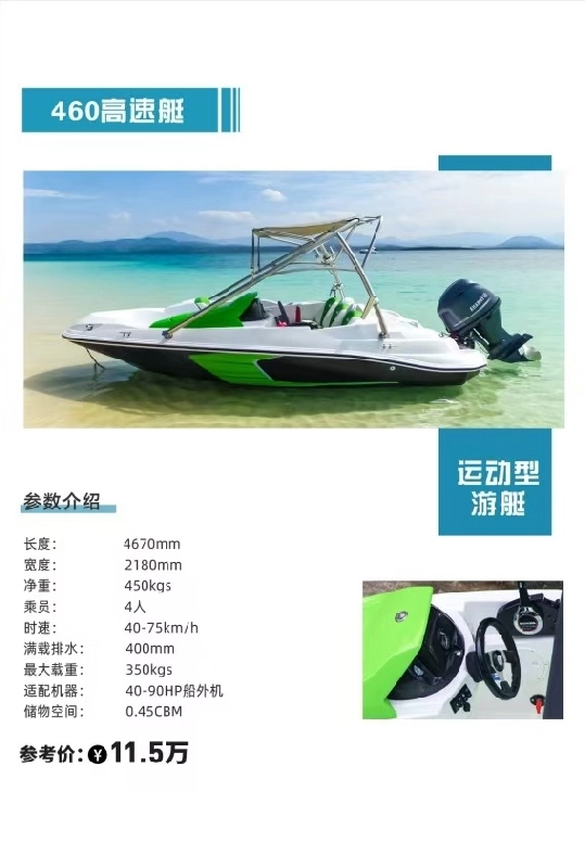 A4176 460高速艇
运动型
参数介绍	游艇	
长度:	4670mm	
宽度:	2180mm	
净重:	450kgs	
乘员:	4人	
时速:	40-75km/h	
满载排水:	400mm	
最大载重:	350kgs	
适配机器:	40-90HP船外机	
储物空间:	0.45CBM (4)