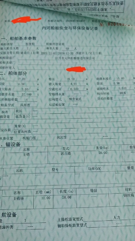 A4125 内河客渡船一艘，最大船员人数2人 乘客人数 60人
造完工日期2009-11-0，船体部分总长	17.00	m	船长	15.10	m	满载水线长15.80	铅宽	4.50	最大船宽	4.55	m	型深	0.9米 武汉看船，价格15万。 (2)