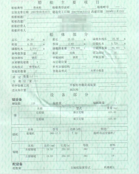 A2922 出售2007年造180吨沿海供水船，船级CCS  浙江造
尺寸：总长26.28/船宽6.19/型深2.58/满载吃水2，主机：潍柴6160/184KW  1台 (2)