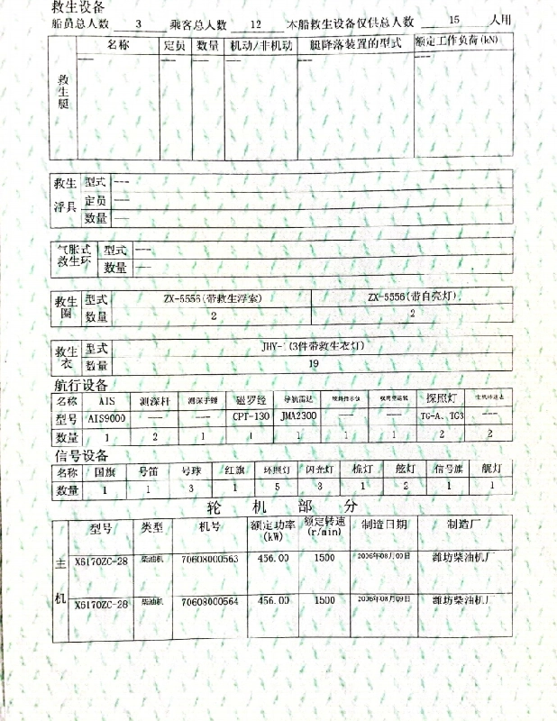 A4039 出售内河32米交通船，建造完工日期2007年05月28
总长32.52米最大船宽6.80m	空载吃水1.320	满载吃水1.400，航区A级 船体材料	钢质
主机额定功率(kW)	456.00x2，奥玛明盘50万 (4)